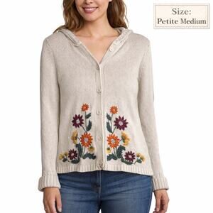 Kate Hill Petite Medium Embroidered Floral Hooded Button Up Sweater Beige